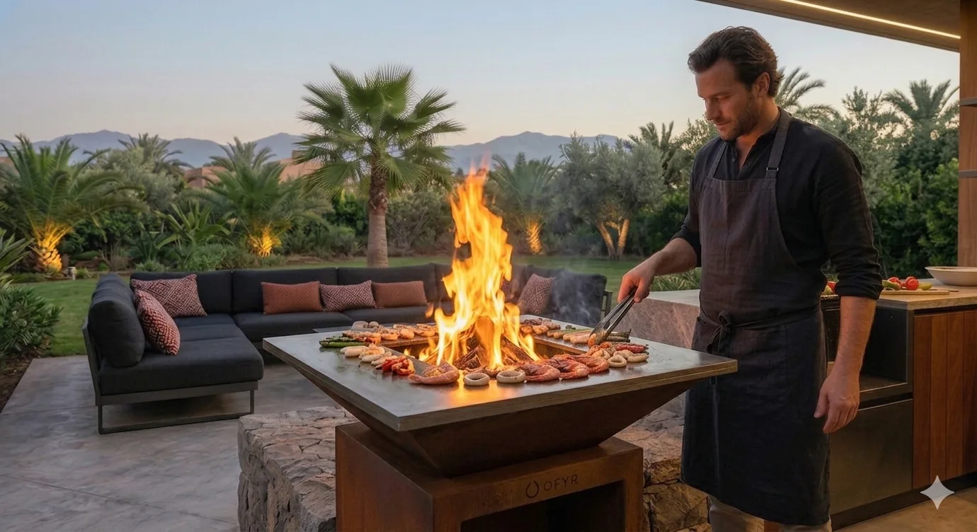Le Brasero-Plancha Tout-en-un — brasero, cheminée extérieure et cuisine d'été de luxe sur-mesure Forget Flammes Maroc