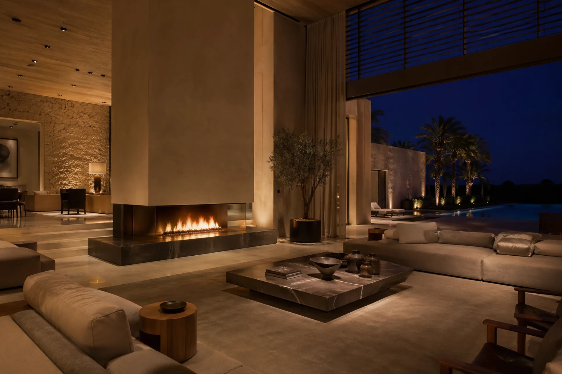 Cheminée haut de gamme dans une villa contemporaine au Maroc