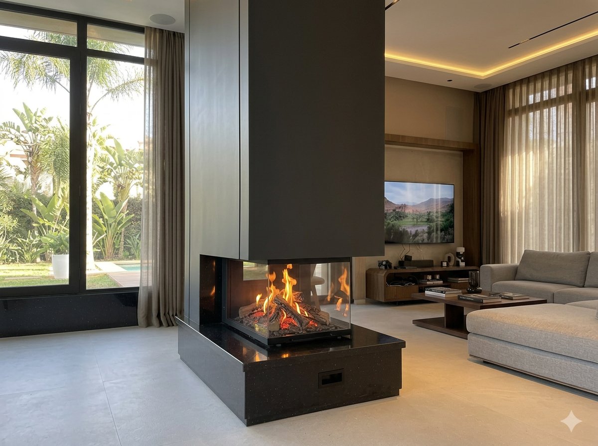 Après métamorphose — cheminée design sur-mesure intégrée par Forget Flammes au Maroc