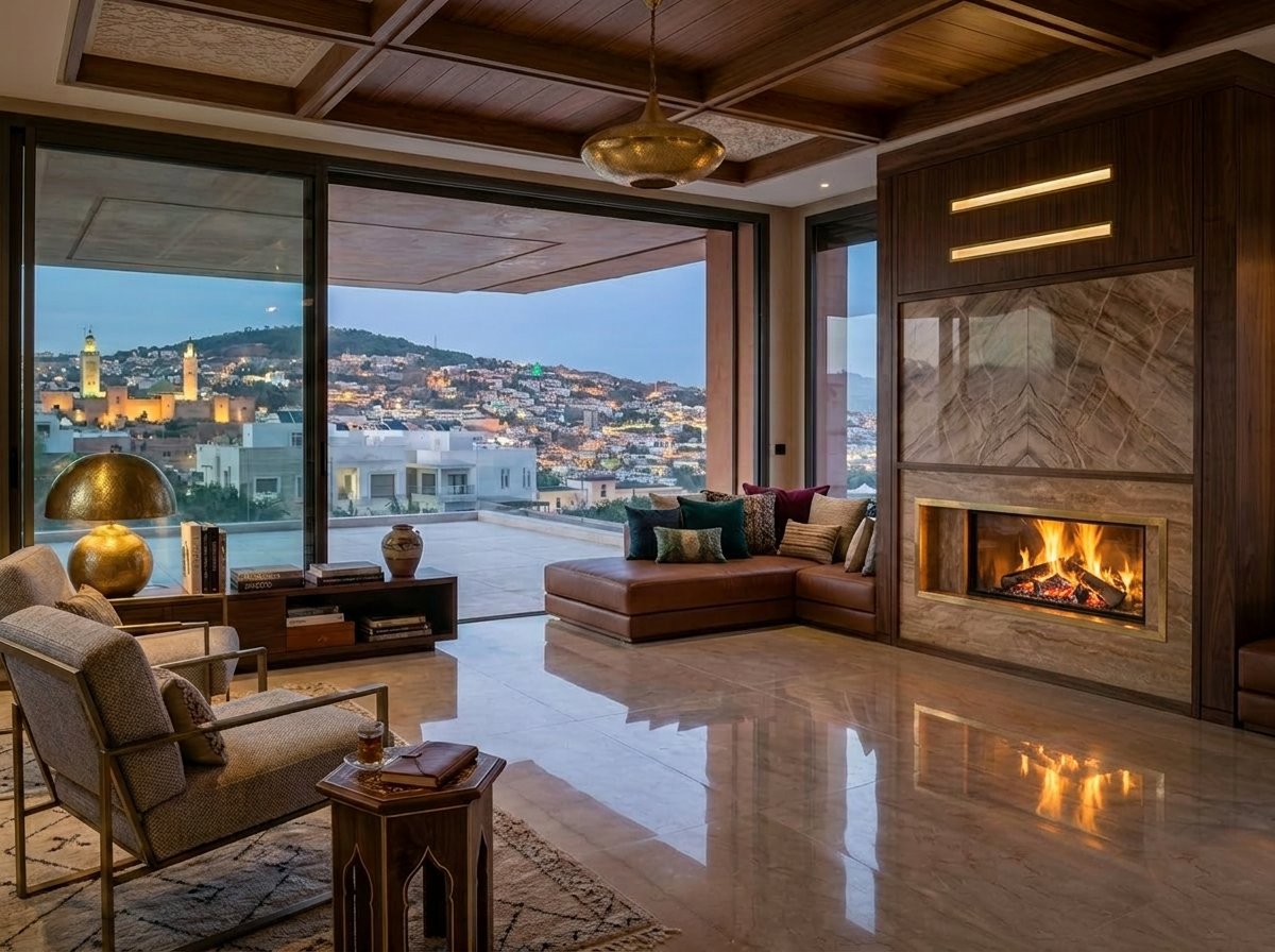 Après métamorphose — cheminée design sur-mesure intégrée par Forget Flammes au Maroc