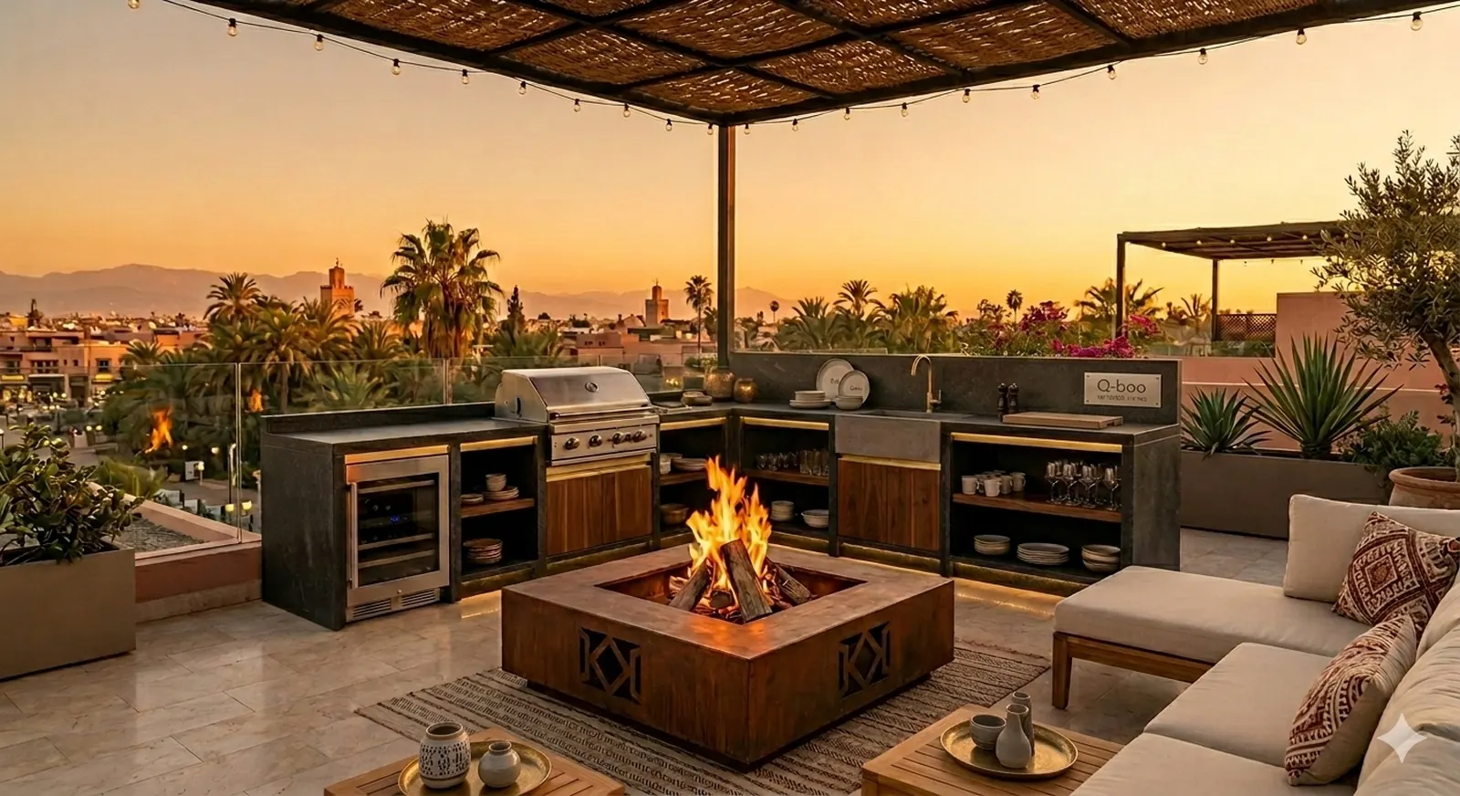 Cheminée Extérieur d'exception sur-mesure de luxe — création Forget Flammes Maroc