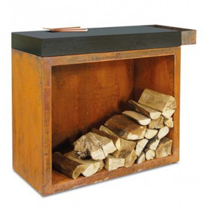 Forget Flammes | Rangement à bois sous plan de travail Ofyr 45-90-88 acier corten céramique